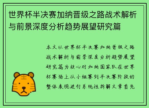世界杯半决赛加纳晋级之路战术解析与前景深度分析趋势展望研究篇